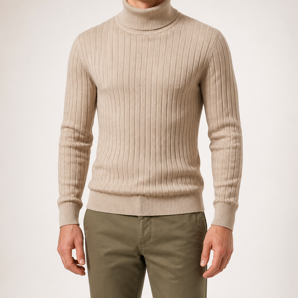 Lance | Mens Turtleneck Sweater Knit Roll Neck Warm Winter Pullover, Apricot