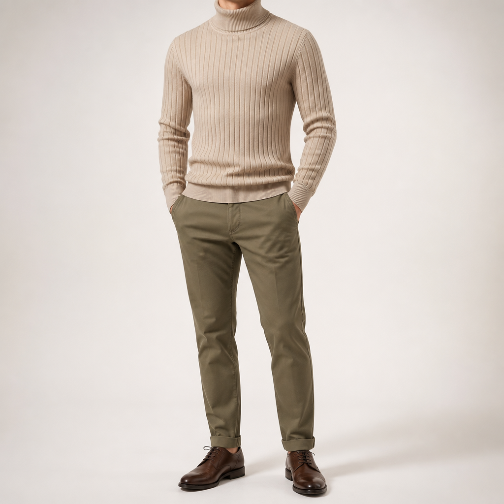 Lance | Mens Turtleneck Sweater Knit Roll Neck Warm Winter Pullover, Apricot