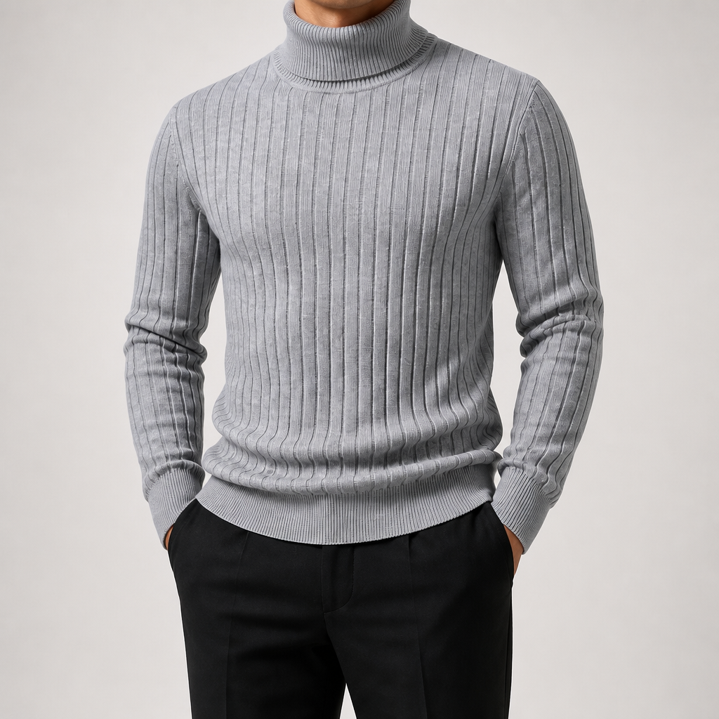 Lance | Mens Turtleneck Sweater Knit Roll Neck Warm Winter Pullover, Light Grey