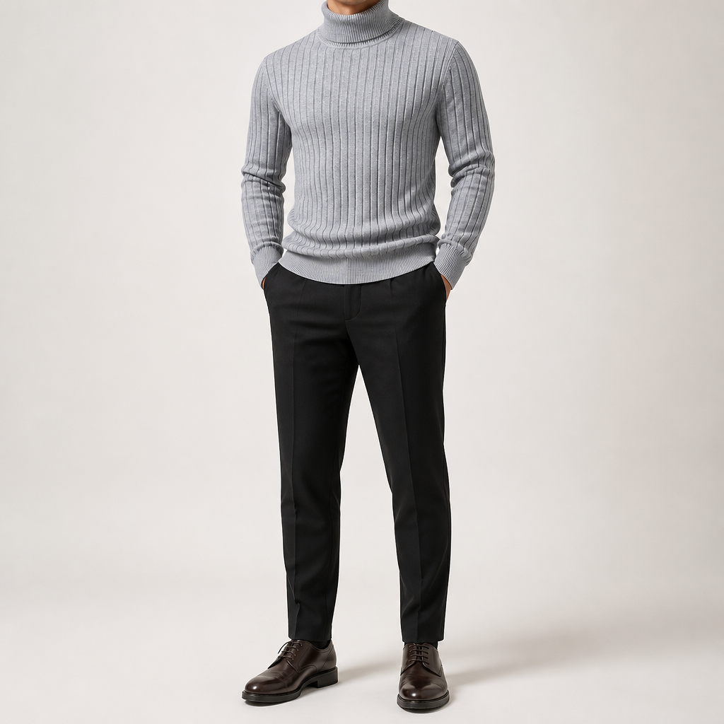 Lance | Mens Turtleneck Sweater Knit Roll Neck Warm Winter Pullover, Light Grey