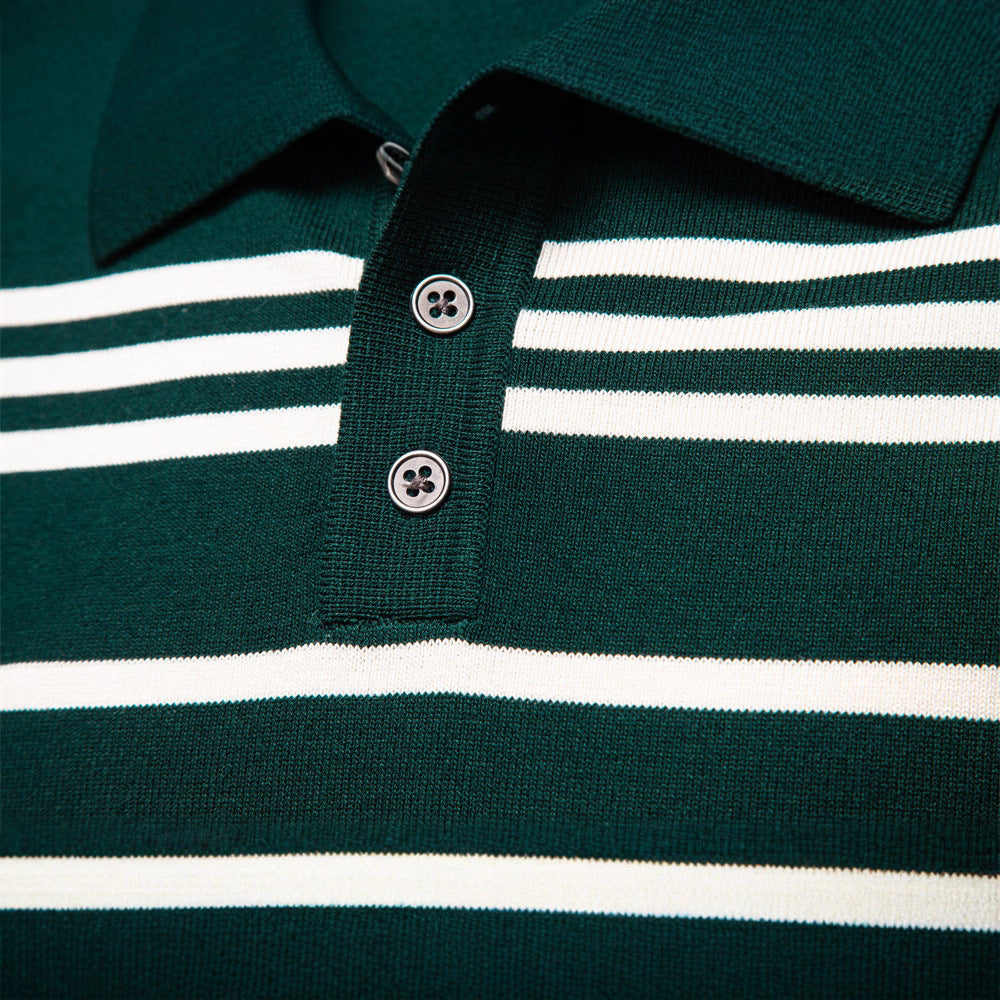 Landon | Mens Striped Jacquard Knit Long Sleeve Polo Collar Pullover Sweater