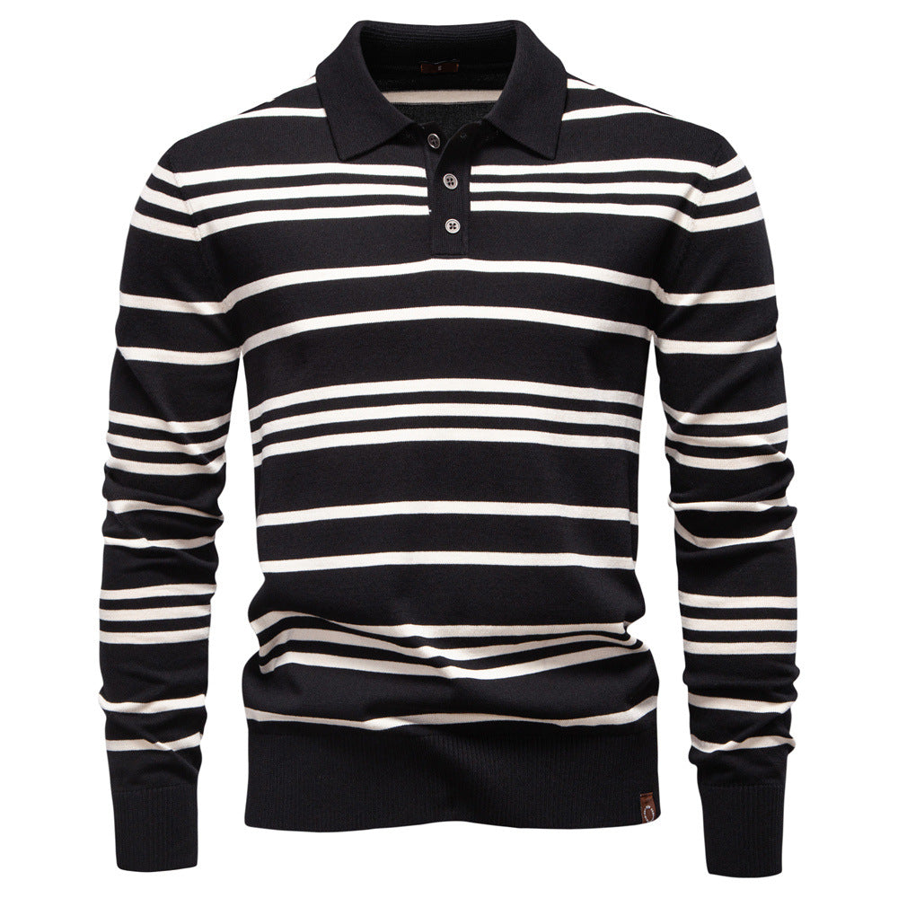 Landon | Mens Striped Jacquard Knit Long Sleeve Polo Collar Pullover Sweater, Black
