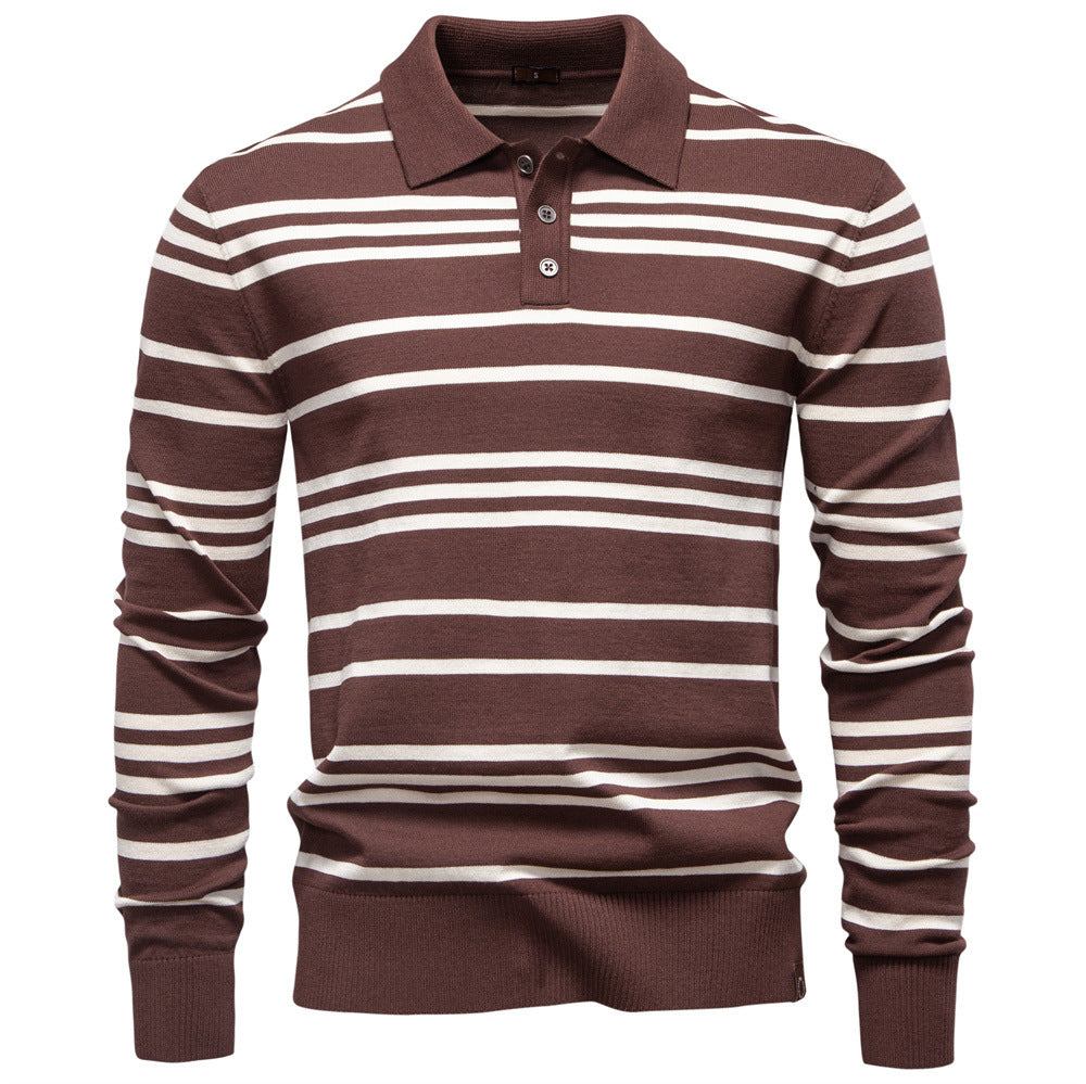 Landon | Mens Striped Jacquard Knit Long Sleeve Polo Collar Pullover Sweater, Coffee