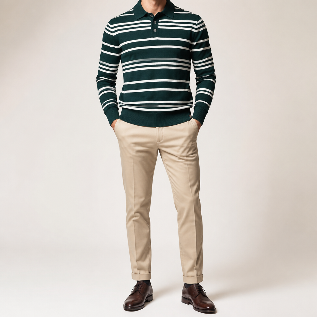 Landon | Mens Striped Jacquard Knit Long Sleeve Polo Collar Pullover Sweater, Dark Green