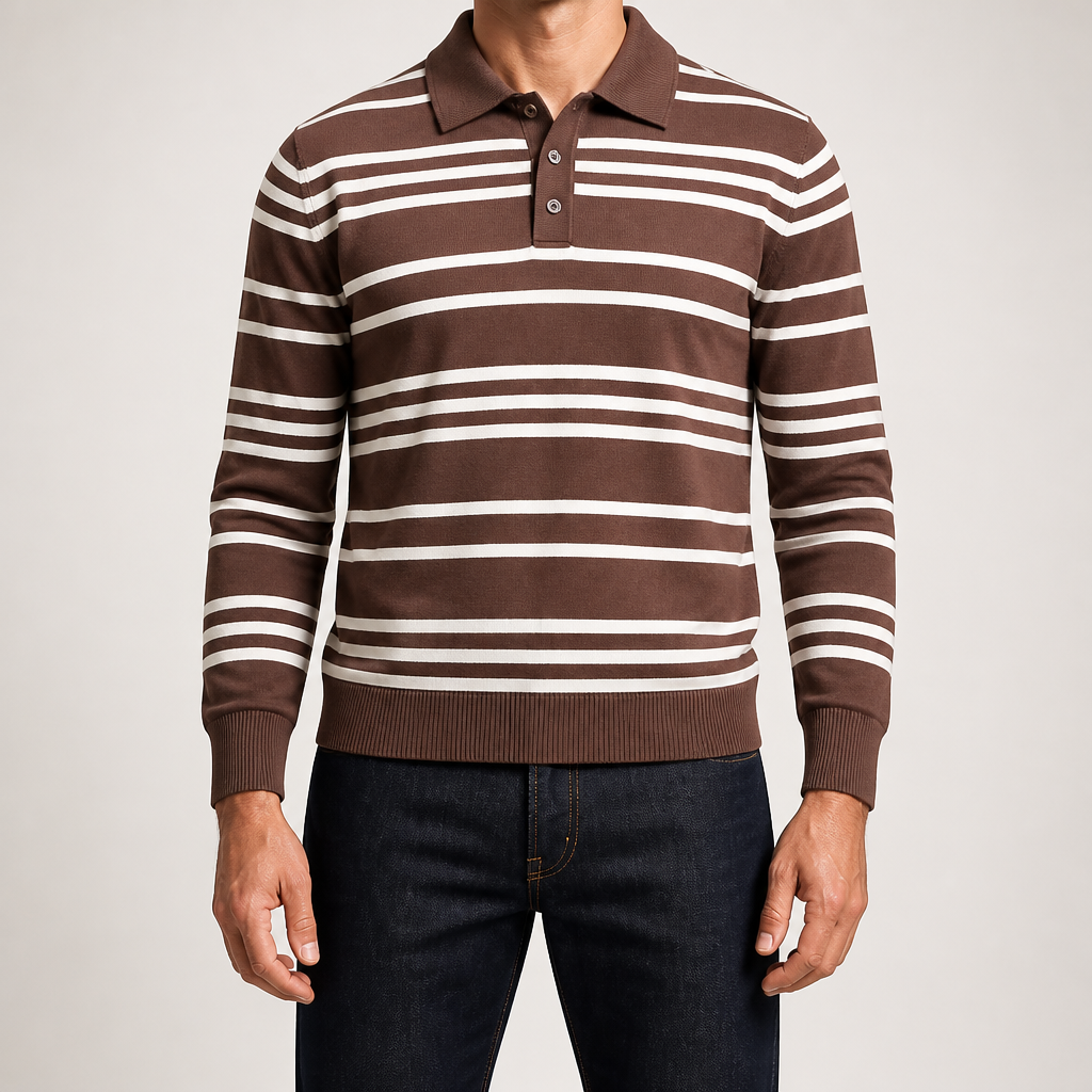 Landon | Mens Striped Jacquard Knit Long Sleeve Polo Collar Pullover Sweater, Coffee