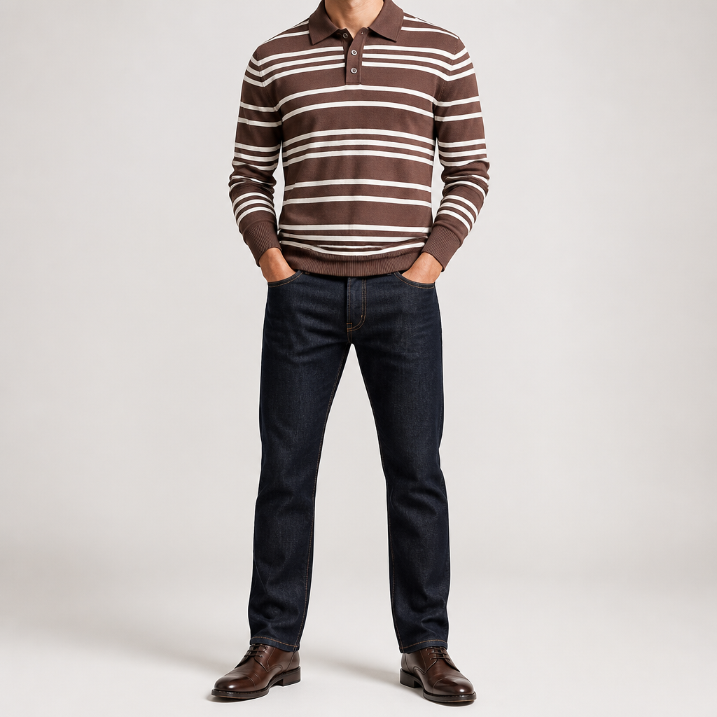 Landon | Mens Striped Jacquard Knit Long Sleeve Polo Collar Pullover Sweater, Coffee