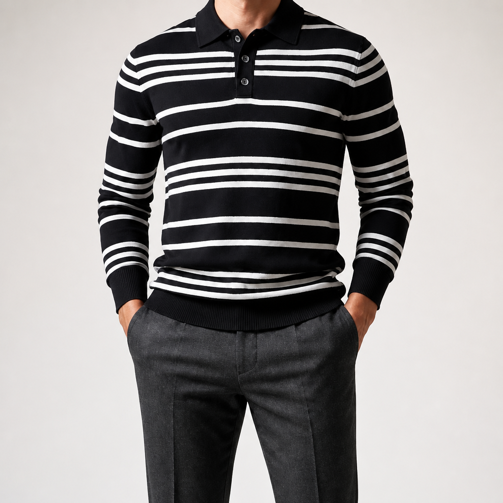 Landon | Mens Striped Jacquard Knit Long Sleeve Polo Collar Pullover Sweater, Black