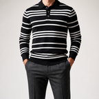 Landon | Mens Striped Jacquard Knit Long Sleeve Polo Collar Pullover Sweater, Black