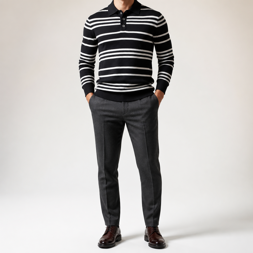Landon | Mens Striped Jacquard Knit Long Sleeve Polo Collar Pullover Sweater, Black