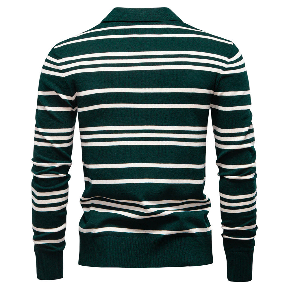 Landon | Mens Striped Jacquard Knit Long Sleeve Polo Collar Pullover Sweater