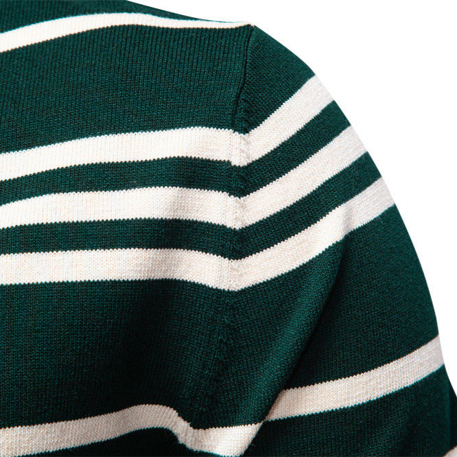 Landon | Mens Striped Jacquard Knit Long Sleeve Polo Collar Pullover Sweater
