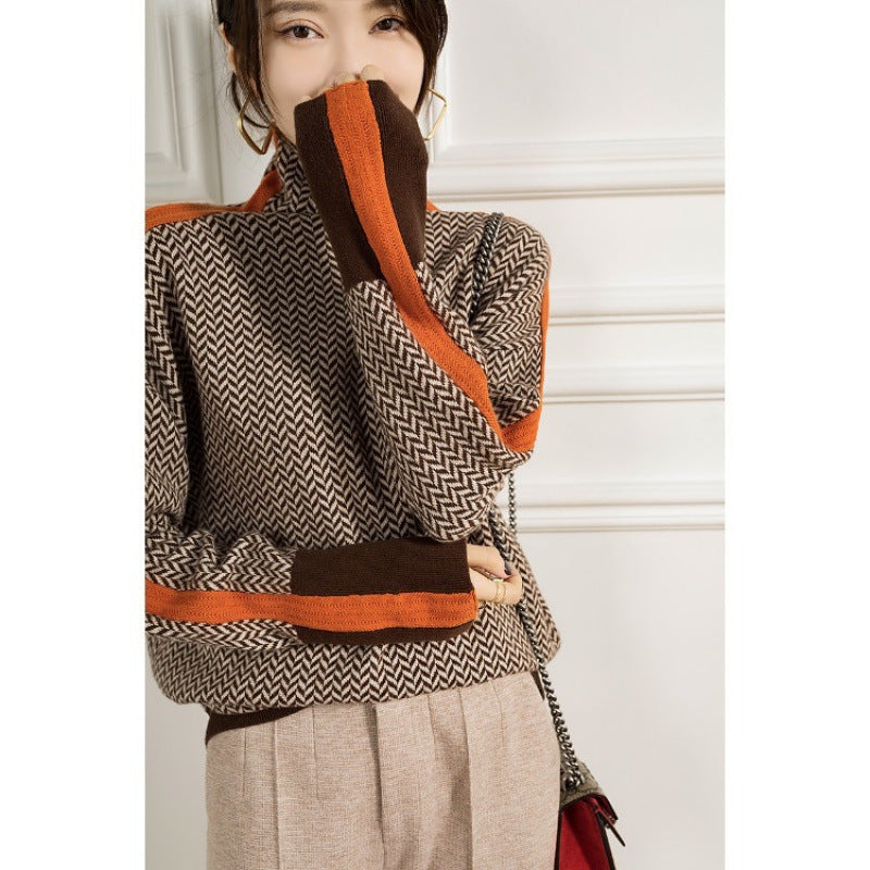 Lara | Womens Turtleneck Sweater Contrast Sleeve Loose Knit Pullover