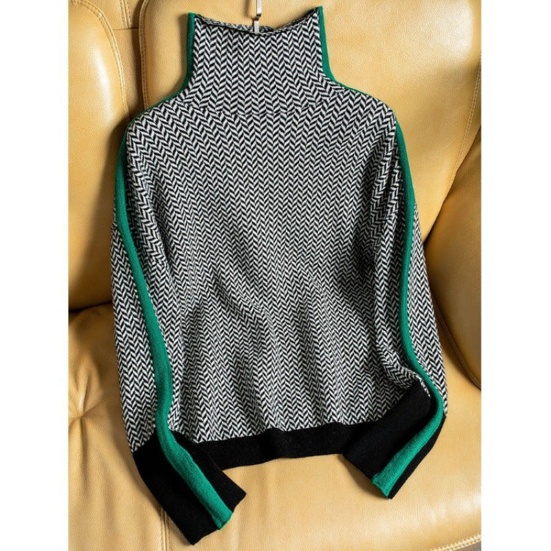 Lara | Womens Turtleneck Sweater Contrast Sleeve Loose Knit Pullover