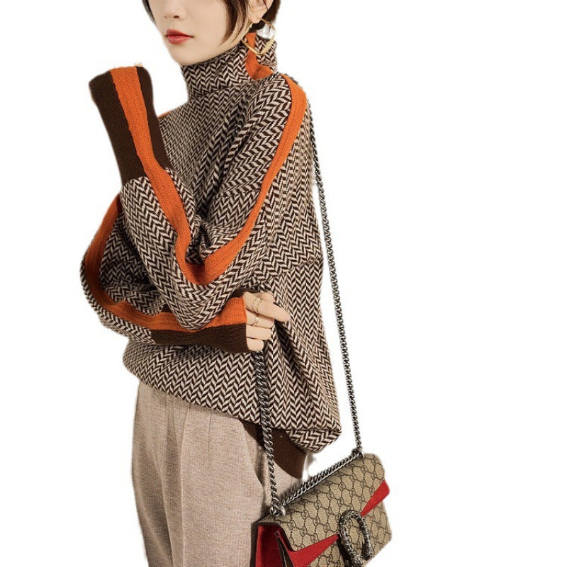Lara | Womens Turtleneck Sweater Contrast Sleeve Loose Knit Pullover