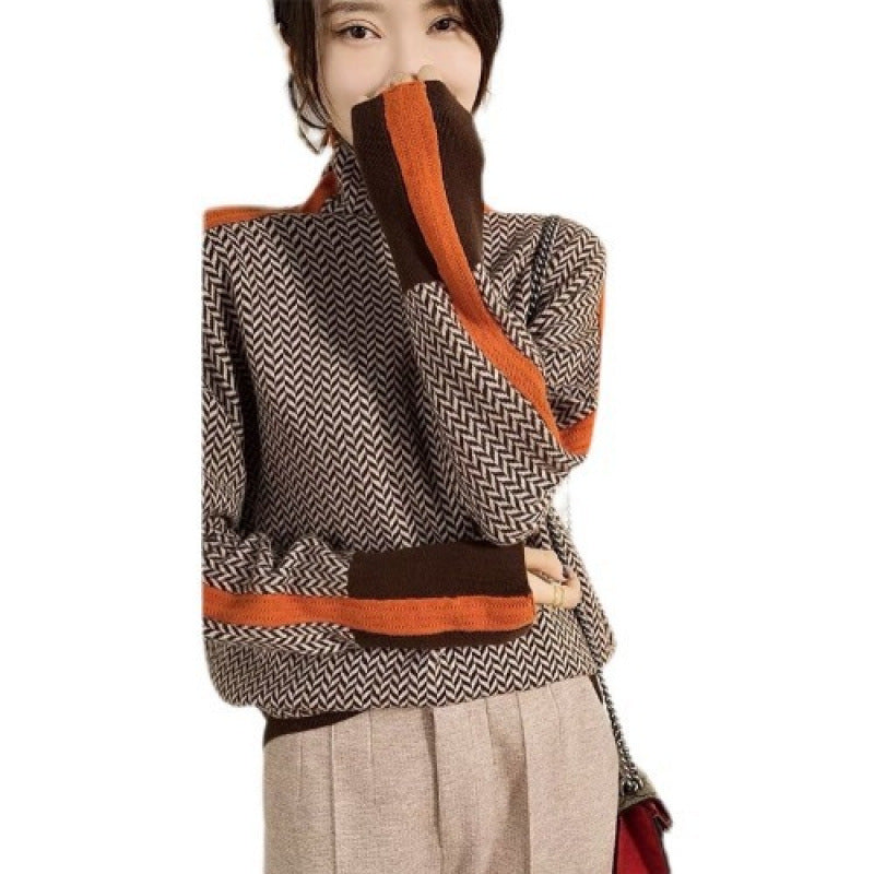 Lara | Womens Turtleneck Sweater Contrast Sleeve Loose Knit Pullover