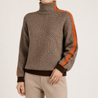 Lara | Womens Turtleneck Sweater Contrast Sleeve Loose Knit Pullover, Brown
