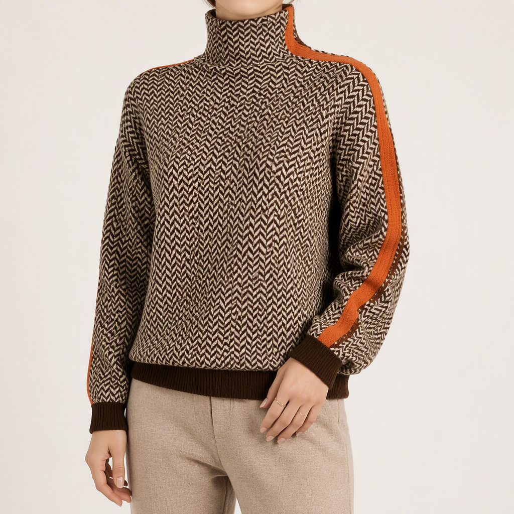 Lara | Womens Turtleneck Sweater Contrast Sleeve Loose Knit Pullover, Brown