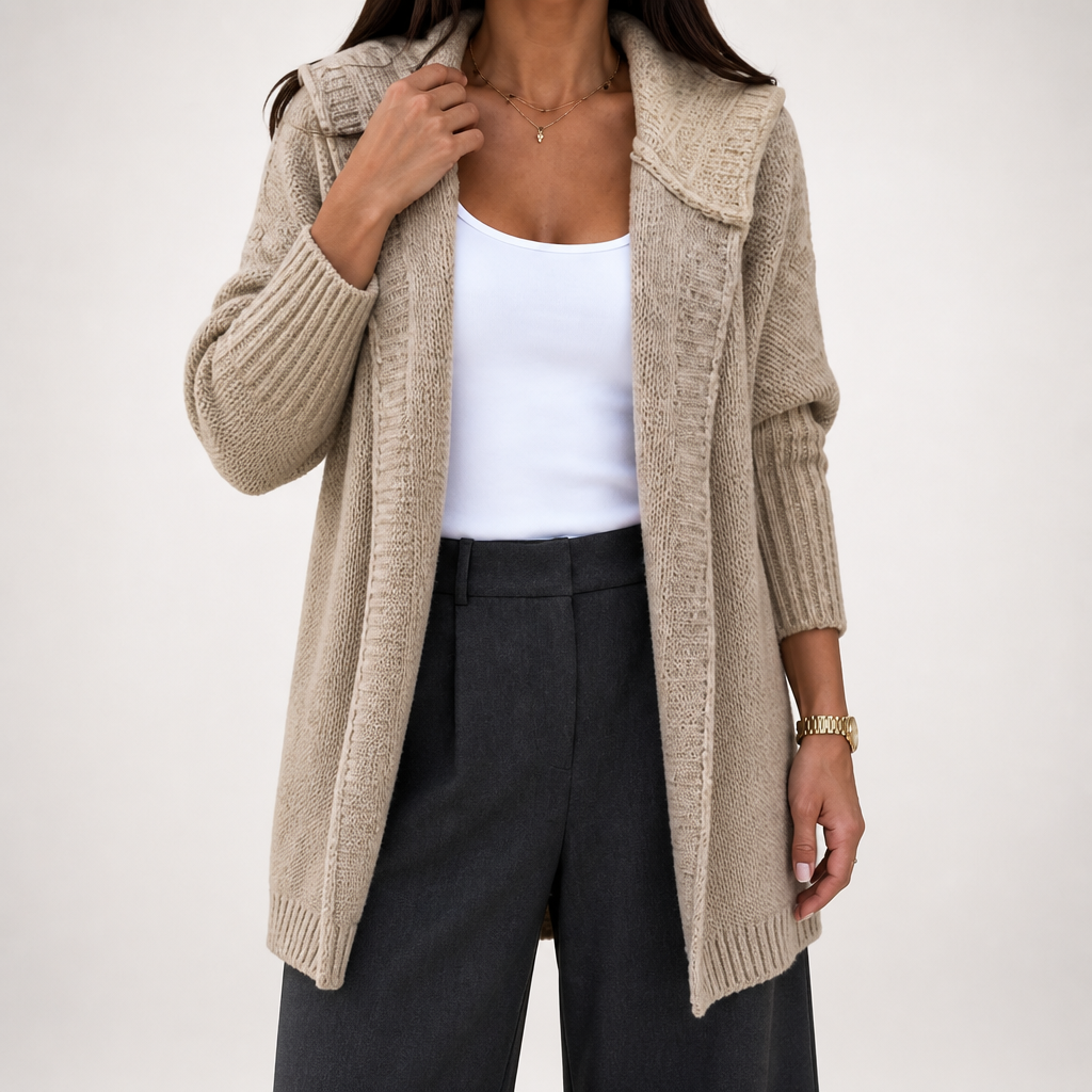 Laurel | Womens Hooded Color Block Soft Brushed Knit Mid Length Cardigan Sweater, Apricot Khaki