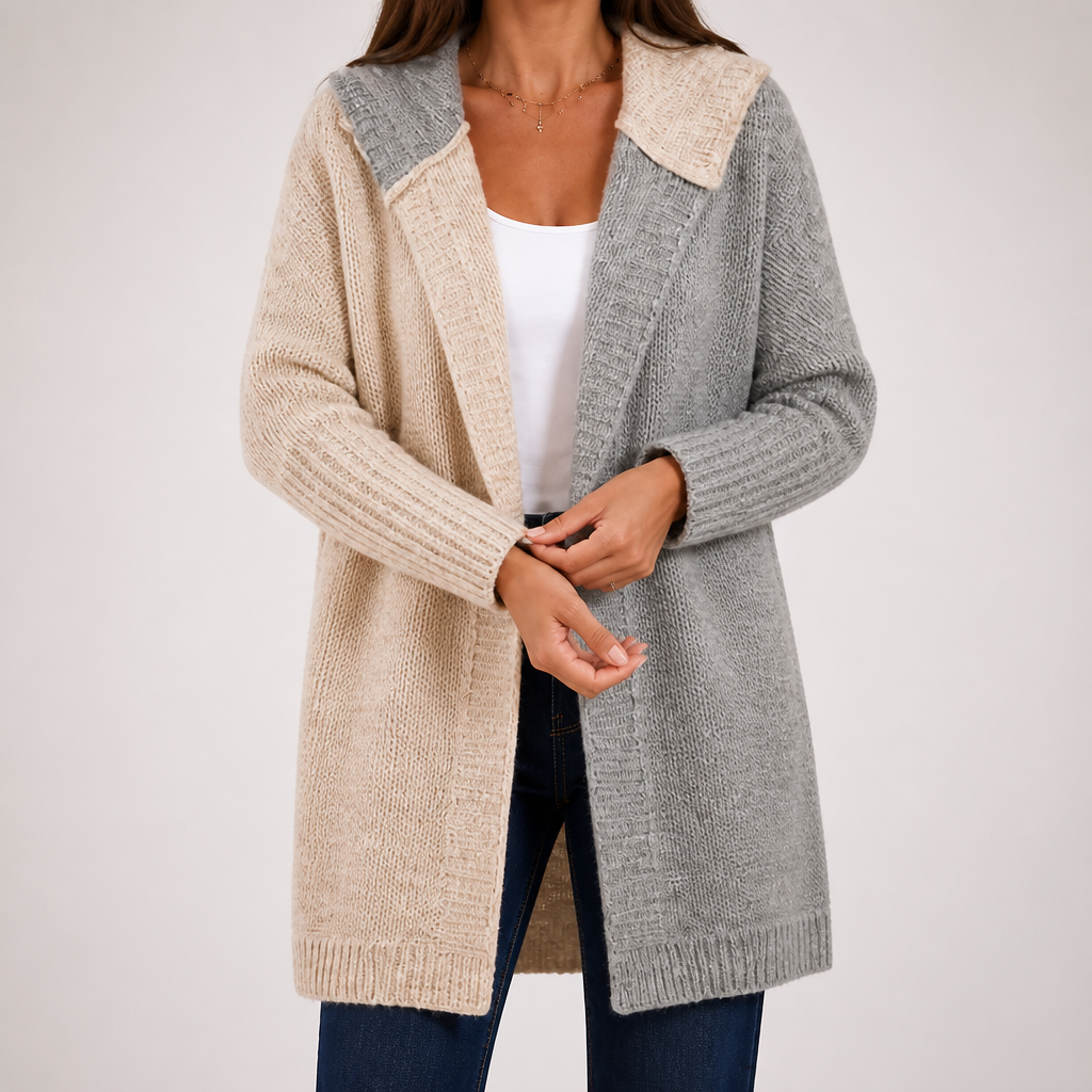 Laurel | Womens Hooded Color Block Soft Brushed Knit Mid Length Cardigan Sweater, Apricot Light Grey