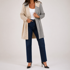 Laurel | Womens Hooded Color Block Soft Brushed Knit Mid Length Cardigan Sweater, Apricot Light Grey