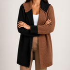 Laurel | Womens Hooded Color Block Soft Brushed Knit Mid Length Cardigan Sweater, Black Coffee