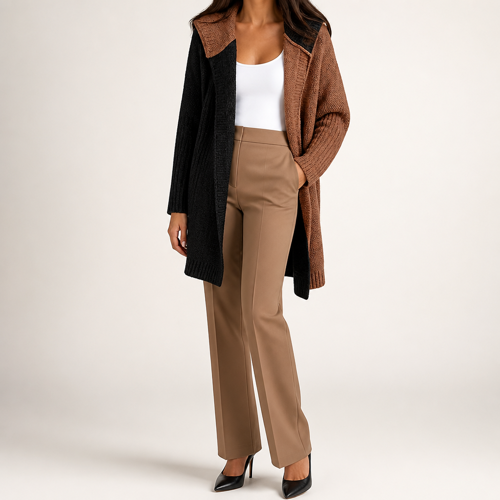 Laurel | Womens Hooded Color Block Soft Brushed Knit Mid Length Cardigan Sweater, Black Coffee