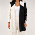 Laurel | Womens Hooded Color Block Soft Brushed Knit Mid Length Cardigan Sweater, Black White