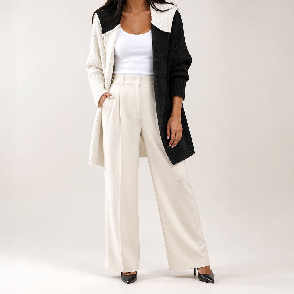 Laurel | Womens Hooded Color Block Soft Brushed Knit Mid Length Cardigan Sweater, Black White