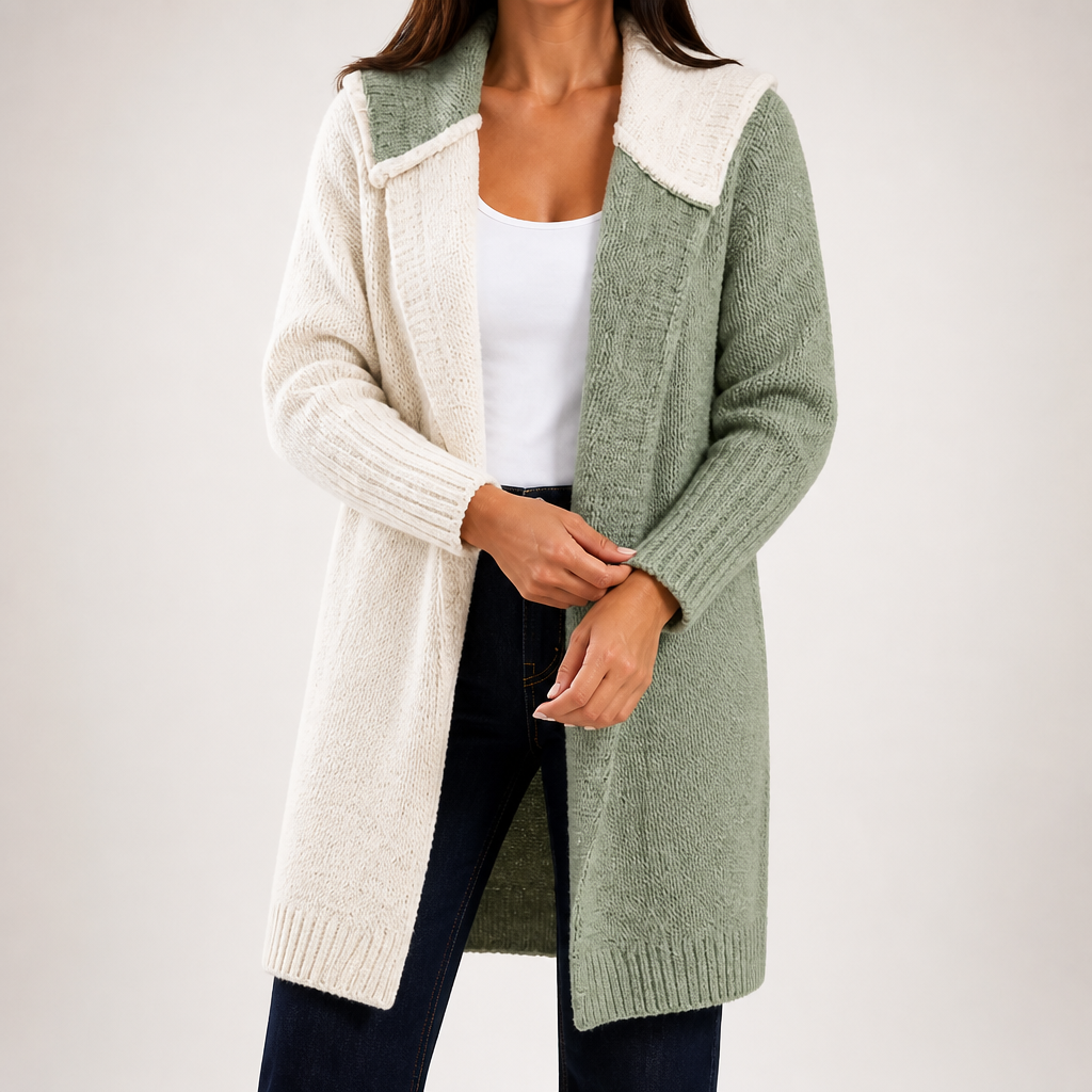 Laurel | Womens Hooded Color Block Soft Brushed Knit Mid Length Cardigan Sweater, White Light Green