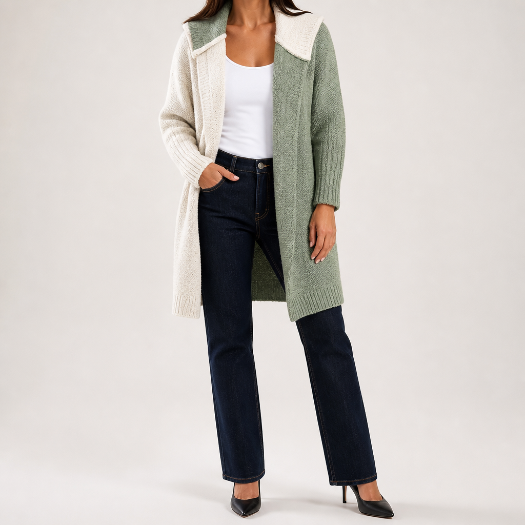 Laurel | Womens Hooded Color Block Soft Brushed Knit Mid Length Cardigan Sweater, White Light Green