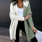 Laurel | Womens Hooded Color Block Soft Brushed Knit Mid Length Cardigan Sweater, White Light Green