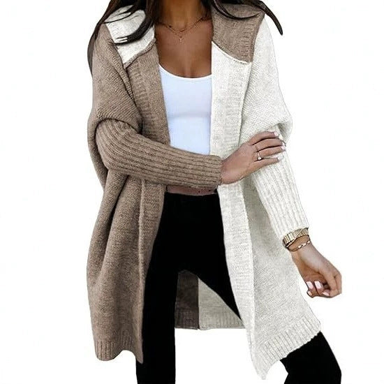 Laurel | Womens Hooded Color Block Soft Brushed Knit Mid Length Cardigan Sweater, Khaki White