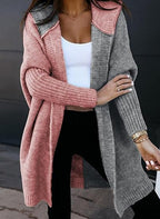 Laurel | Womens Hooded Color Block Soft Brushed Knit Mid Length Cardigan Sweater, Pink Dark Grey
