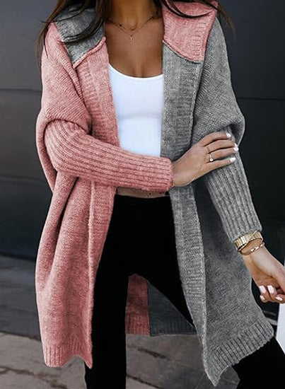 Laurel | Womens Hooded Color Block Soft Brushed Knit Mid Length Cardigan Sweater, Pink Dark Grey