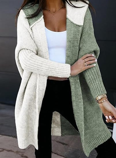 Laurel | Womens Hooded Color Block Soft Brushed Knit Mid Length Cardigan Sweater, White Light Green