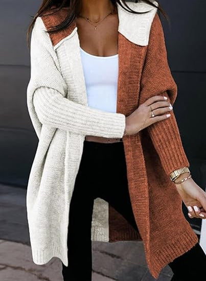 Laurel | Womens Hooded Color Block Soft Brushed Knit Mid Length Cardigan Sweater, White Orange Red