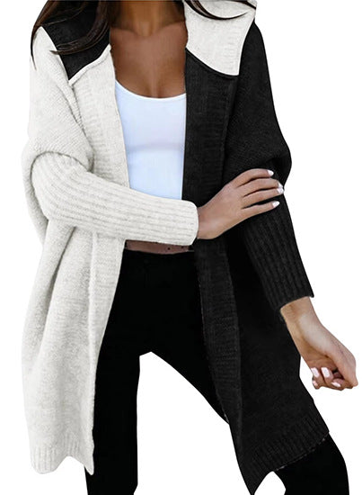 Laurel | Womens Hooded Color Block Soft Brushed Knit Mid Length Cardigan Sweater, Black White