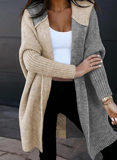 Laurel | Womens Hooded Color Block Soft Brushed Knit Mid Length Cardigan Sweater, Apricot Light Grey