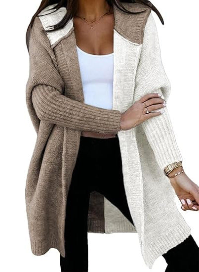 Laurel | Womens Hooded Color Block Soft Brushed Knit Mid Length Cardigan Sweater, Khaki White