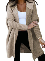 Laurel | Womens Hooded Color Block Soft Brushed Knit Mid Length Cardigan Sweater, Apricot Khaki