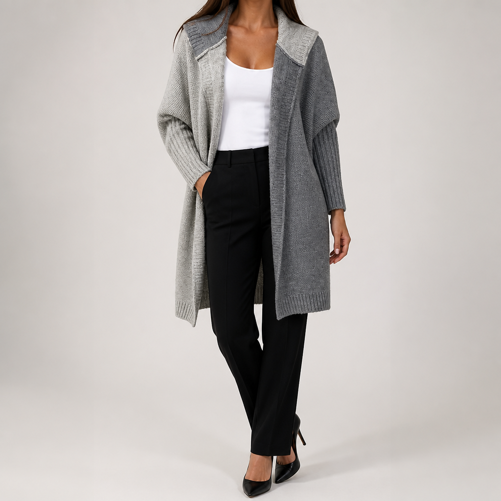 Laurel | Womens Hooded Color Block Soft Brushed Knit Mid Length Cardigan Sweater, Light Grey Dark Grey