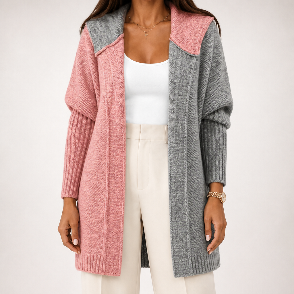 Laurel | Womens Hooded Color Block Soft Brushed Knit Mid Length Cardigan Sweater, Pink Dark Grey