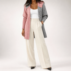 Laurel | Womens Hooded Color Block Soft Brushed Knit Mid Length Cardigan Sweater, Pink Dark Grey