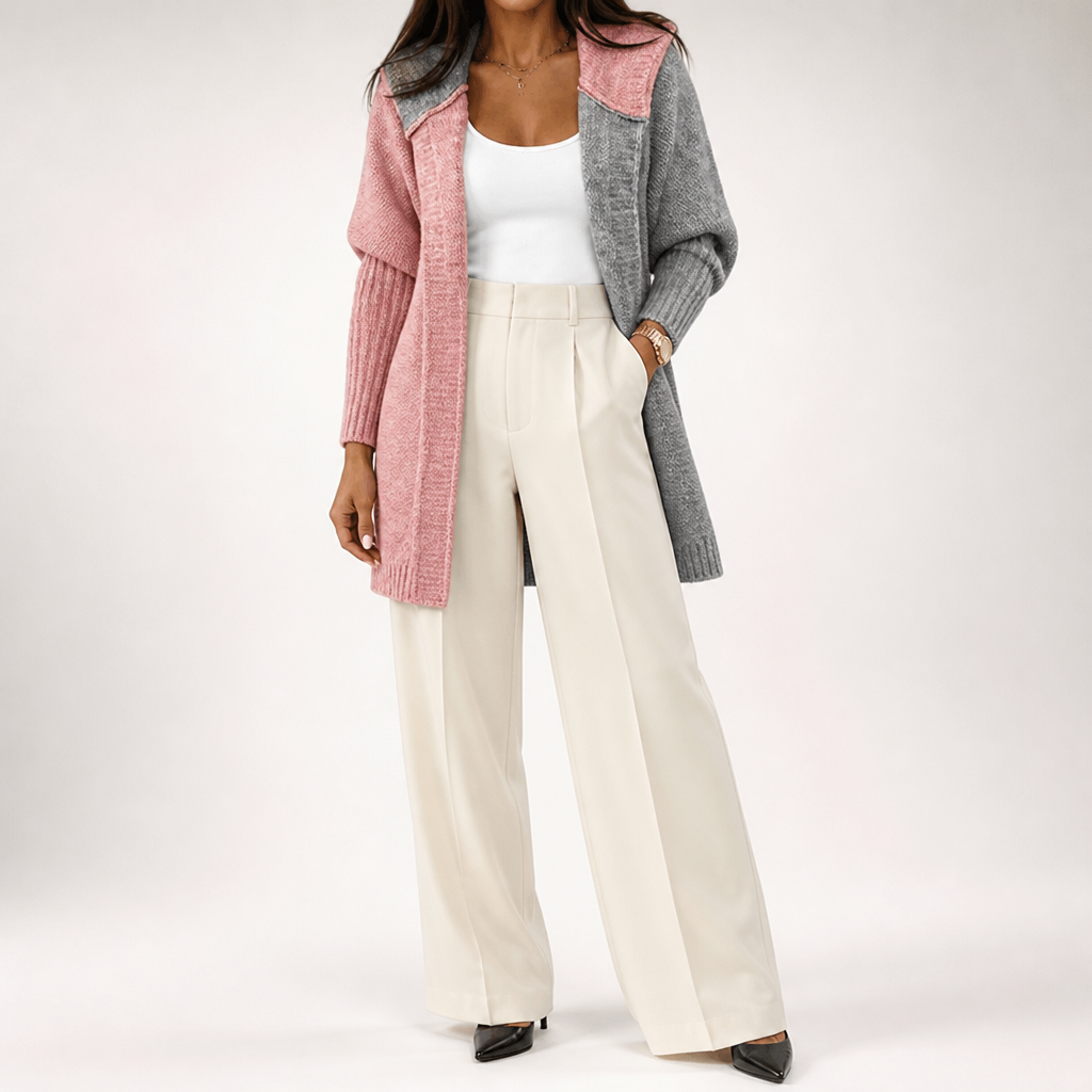 Laurel | Womens Hooded Color Block Soft Brushed Knit Mid Length Cardigan Sweater, Pink Dark Grey