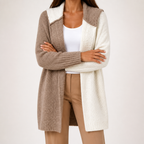 Laurel | Womens Hooded Color Block Soft Brushed Knit Mid Length Cardigan Sweater, Khaki White