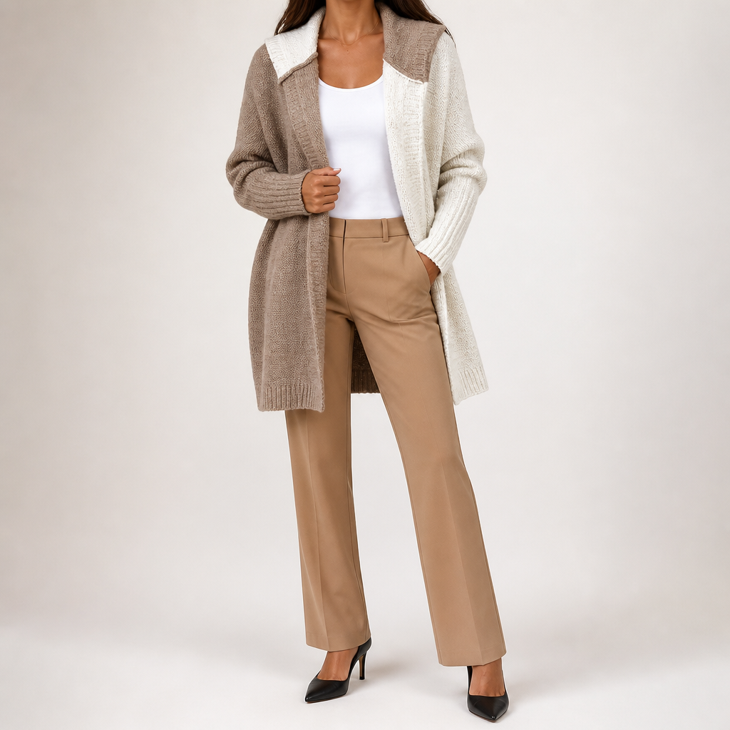 Laurel | Womens Hooded Color Block Soft Brushed Knit Mid Length Cardigan Sweater, Khaki White