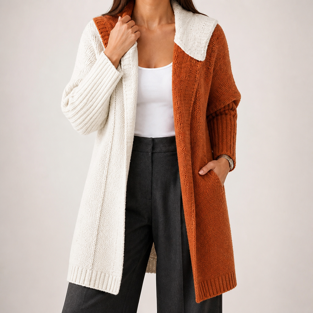 Laurel | Womens Hooded Color Block Soft Brushed Knit Mid Length Cardigan Sweater, White Orange Red