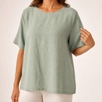 Lavinia | Womens Cotton Linen Short Sleeve Loose Summer Top, Green
