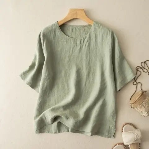 Lavinia | Womens Cotton Linen Short Sleeve Loose Summer Top - Green