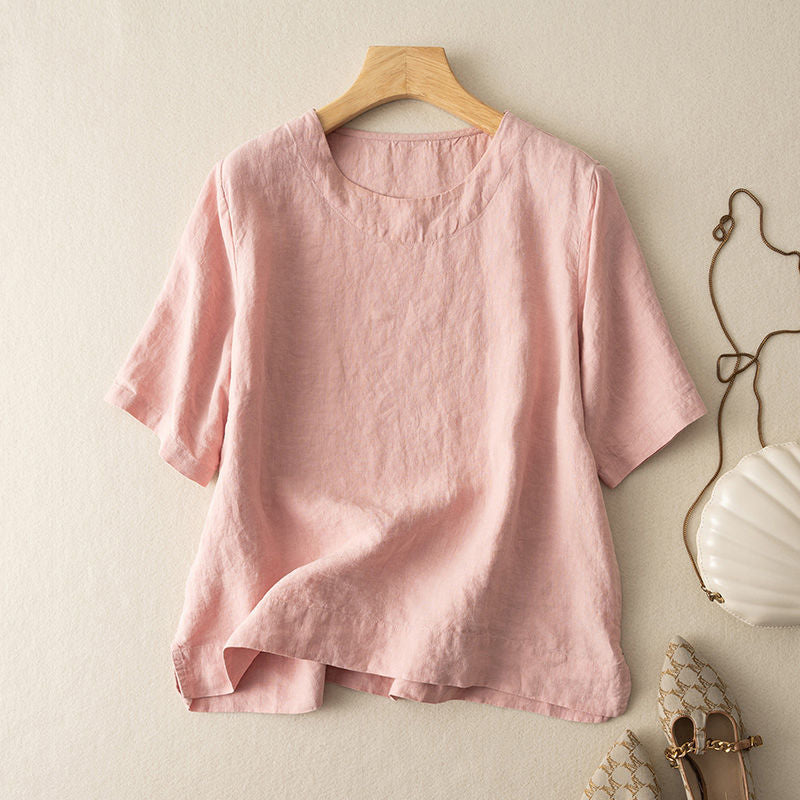 Lavinia | Womens Cotton Linen Short Sleeve Loose Summer Top - Pink